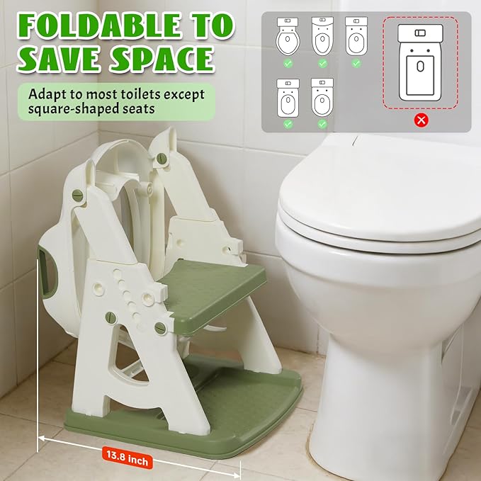 Potty Training Toilet Seat, Stable Potty Training Seat with Step Stool, 2 in 1 Toddler Toilet Seat with Steps for Kids Boys Girls, Toddler Potty Seat with Ladder, Splash Guard, Anti-Slip Pads (Green)