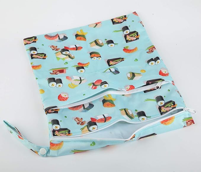 Wet Dry Bag Baby Cloth Diaper Nappy Insert Reusable Washable (Blue Sushi)