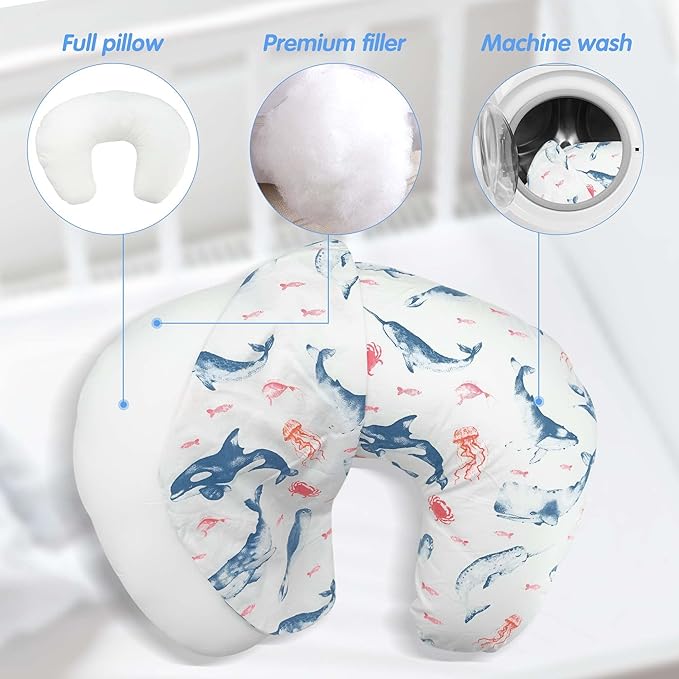 LAT Nursing Pillow for Breastfeeding,100% Cotton Removable Cover,Ergonomic Breast Feeding Pillows for Mom and Baby,Machine Washable (Ocean World)