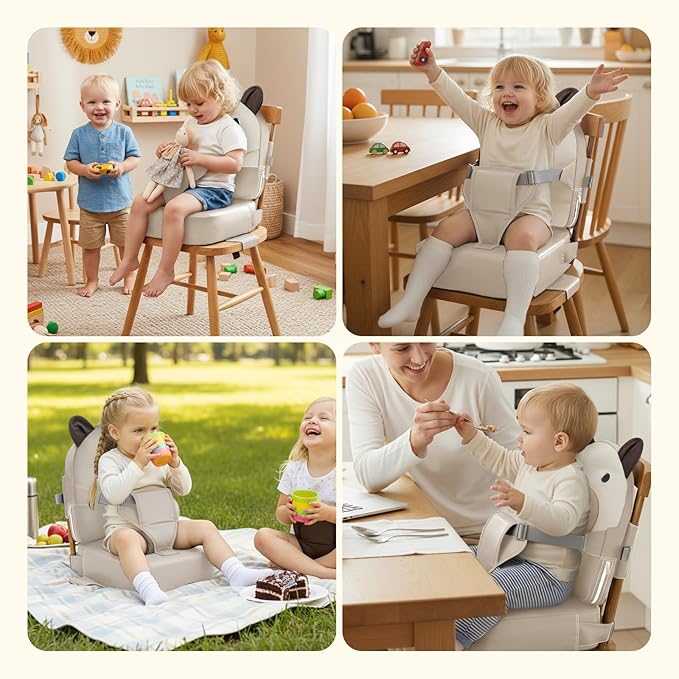 Booster Seat for Kitchen Chair, Toddler Kids Booster Seats for Dining Table with Backrest and Adjustable Strap, Portable PU Waterproof Travel Baby Boy Girl Booster Increasing Cushion (White, OneSize)