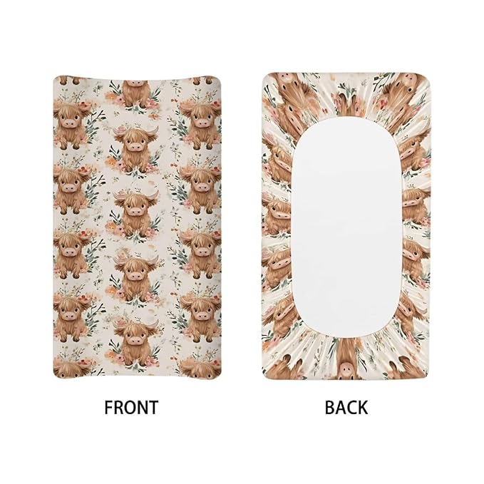 Cute Highland Cow Nursery Sheets Comfortable Rectangle Unisex Fitted Baby Changing Pad Cover Sheets for Baby Boys or Girls