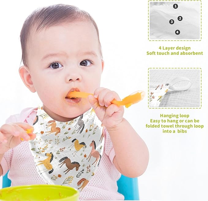 vvfelixl Baby Muslin Washcloths Cartoon Horses Graze Baby Burp Cloths Cotton Babys Face Towel for Newborn Infants Boys Girls Soft and Absorbent 11.8 X 11.8 in, 3 Pack