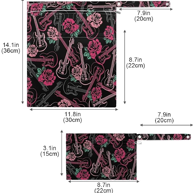 visesunny Guitar and Rose Floral 2Pcs Wet Bag with Zippered Pockets Washable Reusable Roomy Diaper Bag for Travel,Beach,Daycare,Stroller,Diapers,Dirty Gym Clothes,Wet Swimsuits,Toiletries
