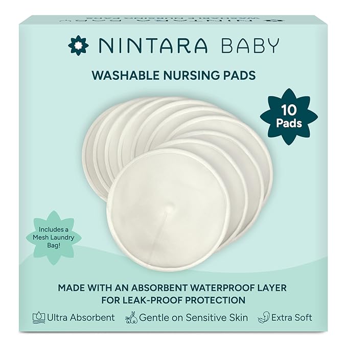 Nintara Baby Reusable Nursing Pads – Soft & Absorbent Breast Pads, Bamboo Viscose Blend, Contoured Fit, Leak-Resistant, Pack of 10 with Laundry Bag