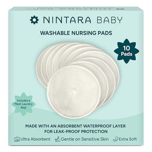 Nintara Baby Reusable Nursing Pads – Soft & Absorbent Breast Pads, Bamboo Viscose Blend, Contoured Fit, Leak-Resistant, Pack of 10 with Laundry Bag