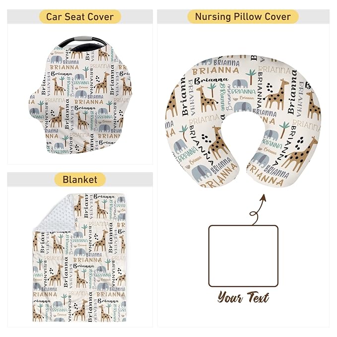 Baby Nursing Pillow Cover - Personalized Name Breastfeeding Pillow Cover with Giraffes Pattern, Stretchy Removable U-Shaped for New Moms, Soft Breathable Slipcover for Infant Boys Girls