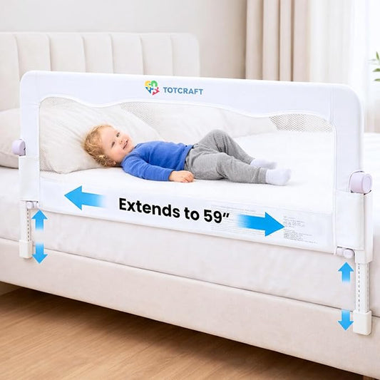 TotCraft FlexGuard Adjustable Length & Height Bed Rail for Toddlers – Fits Twin, Full, Queen & King Beds – 35.5″ or 59″ Two Fixed Lengths – 14 Height Levels –Bed Guard Rail for Toddlers (White)