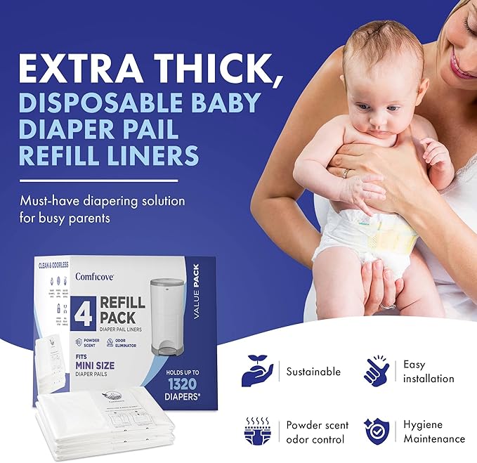 Comficove Refills Compatible with DEKOR MINI Diaper Pails | 4 Pack | Extra Thick Diaper Pail Refill Liners | Fresh Scent | Easy to Replace and Dispose of Diaper Bag | Odorless Baby Diapers Disposal