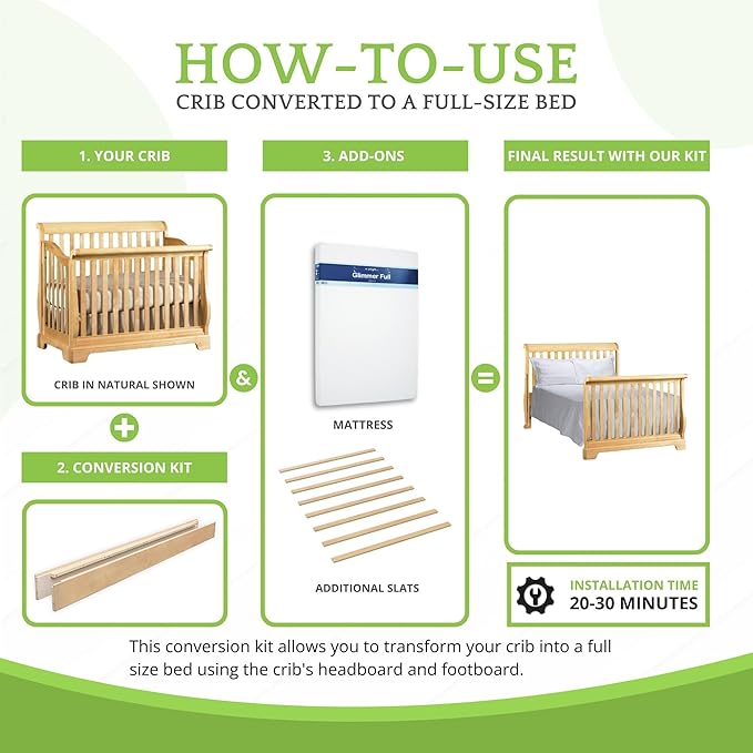 Full-Size Conversion Kit Bed Rails for Baby Appleseed & Eco-Chic Convertible Cribs - Solid Wood Rail - Toddler & Adult Bed Rail for Full-Size Beds - Nursery & Baby Furniture (Unfinished, Bolt-On Kit)