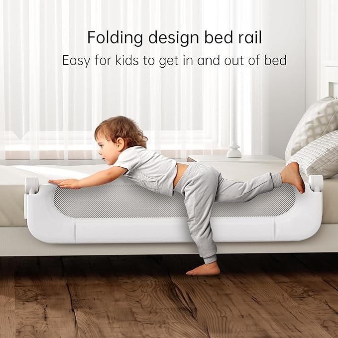 UPGOGO Folding Bed Rail for Toddlers,Baby Bed Rail Guard with Reinforced Anchor Safety System,Fit Bunk,Full Size,Queen,King,Twin(White,59"x23.6")