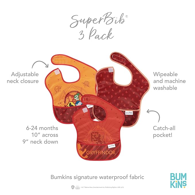 Bumkins Bibs for Girl or Boy, SuperBib Baby and Toddler for 6-24 Months, Essential Must Have for Eating, Feeding, Baby Led Weaning, Mess Saving Waterproof Soft Fabric, 3-pk Harry Potter Gryffindor