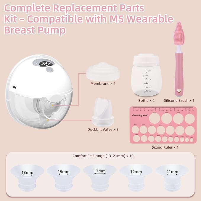 Replacement Parts Kit for Momcozy M5 Wearable Breast Pump – Includes 2 Bottles, 10 Flanges, 8 Duckbill Valves, 4 Membranes, Sizing Ruler & Cleaning Brush – BPA-Free, Easy to Clean