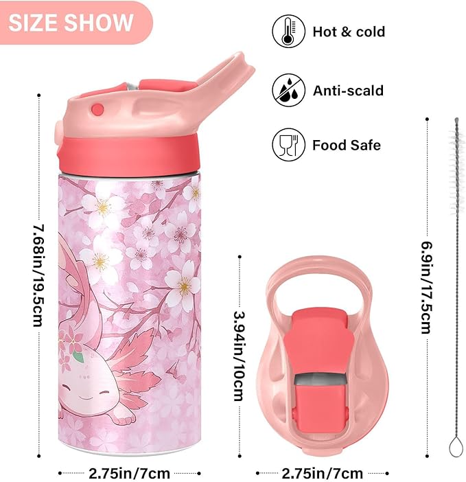 Ice Cream Insulated Water Bottle 20 oz with Straw and Carry Handle Pink Purple Candy Cone Boys Girls Thermos Bottle Vacuum Stainless Steel Bottles Leak-Proof for Sports Travel and School