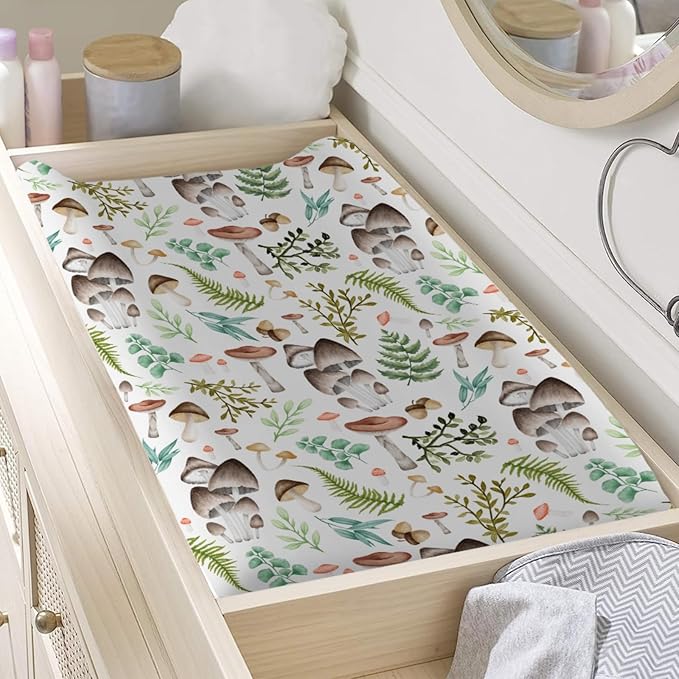 Mushrooms Forest Changing Pad Covers Watercolor Mushroom Green Leaves Diaper Changing Table Sheets for Girl Boy Wild Plant Soft Breathable Stretch Fitted Baby Change Table Mats 32''x16''