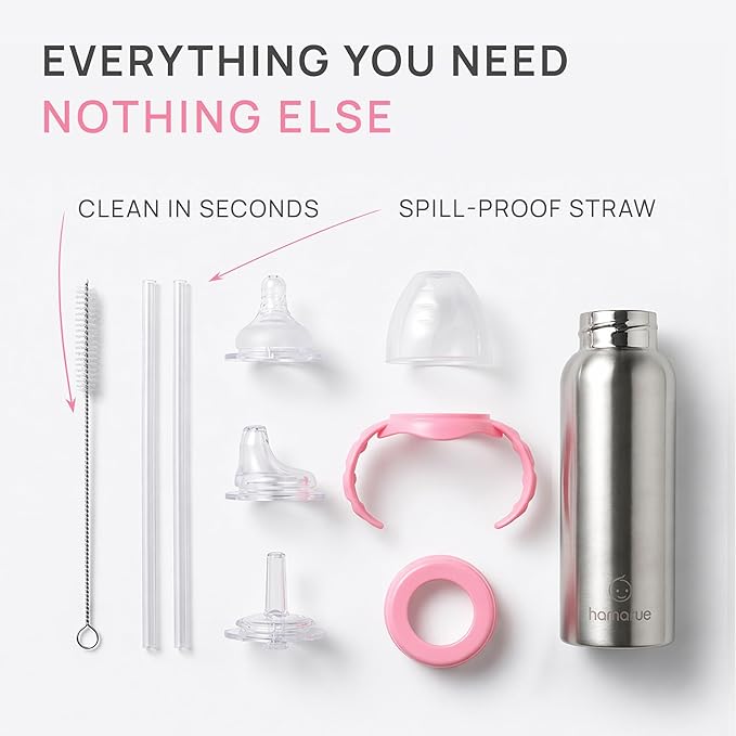 3-in-1 Stainless Steel Baby Bottle – Converts from Newborn Bottle to Sippy Cup to Straw Cup, Ages 0–4, Leak-Proof, 8 oz Pink