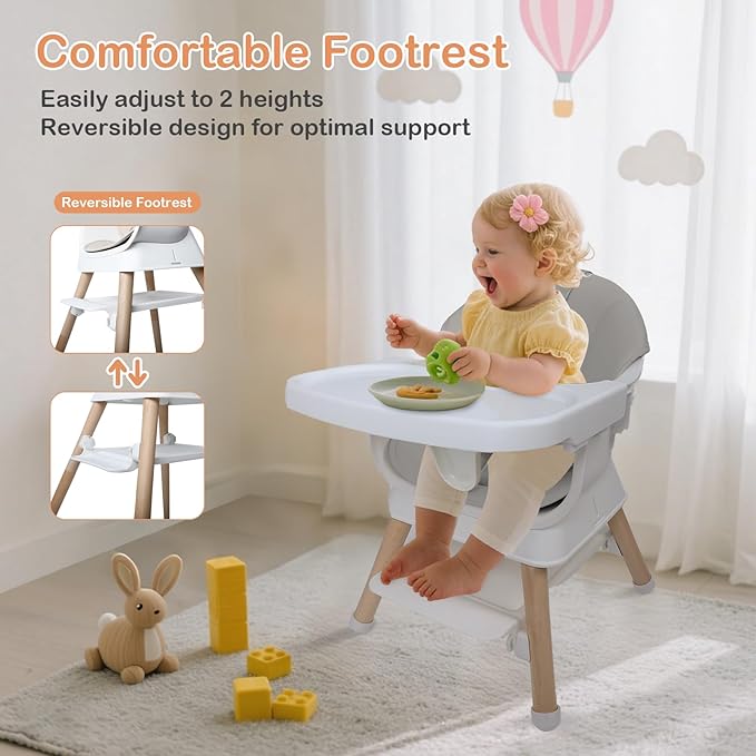9 in 1 Convertible Baby High Chair with Booster Seat, Wooden Highchair for Babies and Toddlers with Removable Tray & 5-Point Harness, Multi-Functional Growing Seat for Feeding, Learning & Play, Gray