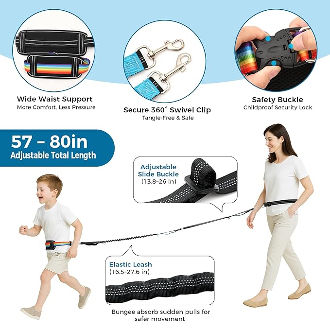 Waist Leash Harness with Soft Cushion for Autism Special Needs ADHD/ASD Children, Hands Free Safety Walking Harness with Light Reflector and 3 Padded Handles, Kids Adjustable Elopement Tether Leash