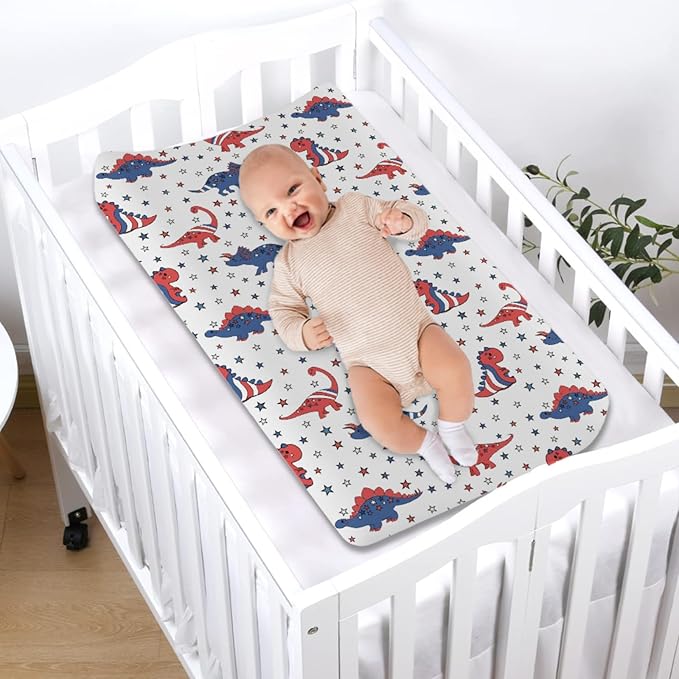 Patriotic Dinosaurs Baby Changing Pad Covers for Boy Girl 32''x16'' Cartoon Dinosaur American Flag Stars Unisex Fitted Diaper Changing Table Sheets Comfort Soft Breathable Baby Changing Table Mats