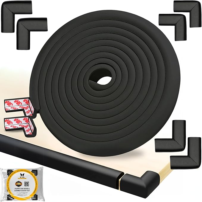 Table Edge Protector for Baby Proofing (18ft Edge & 8 Corners) Baby Proof Corners and Edges Guard, Soft NBR Rubber Foam 3M Adhesive, Furniture Corner & Edge Safety Bumpers for Table & Fireplace-Black