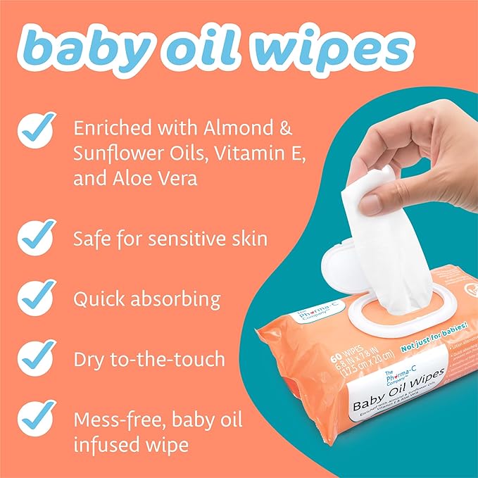 The Pharma-C Company Baby Oil Wipes (9 Packs of 60) Enriched with Almond and Sunflower Oils, Aloe and Vitamin E.