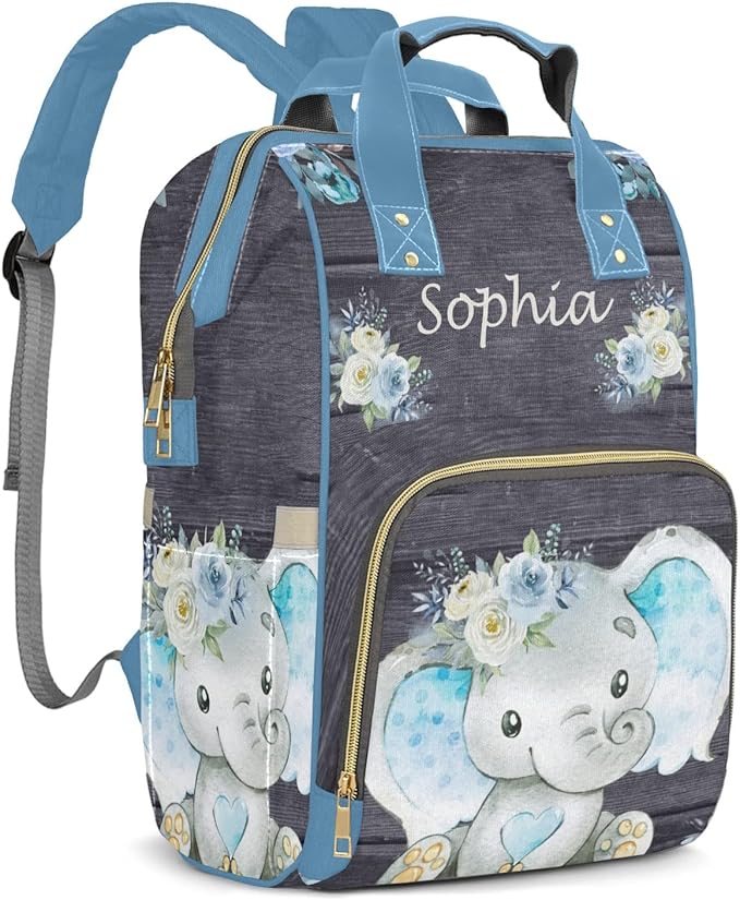 Watercolor Flower Elephant Mommy Bag for Baby Girl Custom Diaper Bag Backpack Waterproof Multi-Function Travel Camping Picnic Diaper Carrying Bag