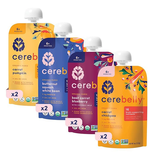 Cerebelly Organic Baby Food Pouches, Hearty Veggie Purees, 16 Nutrients, No Added Sugar, Non-GMO, Toddler Snacks, 4 Flavors, 4oz, 8 Pack