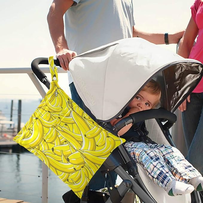 visesunny Yellow Banana 2Pcs Wet Bag with Zippered Pockets Washable Reusable Roomy for Travel,Beach,Pool,Daycare,Stroller,Diapers,Dirty Gym Clothes, Wet Swimsuits, Toiletries