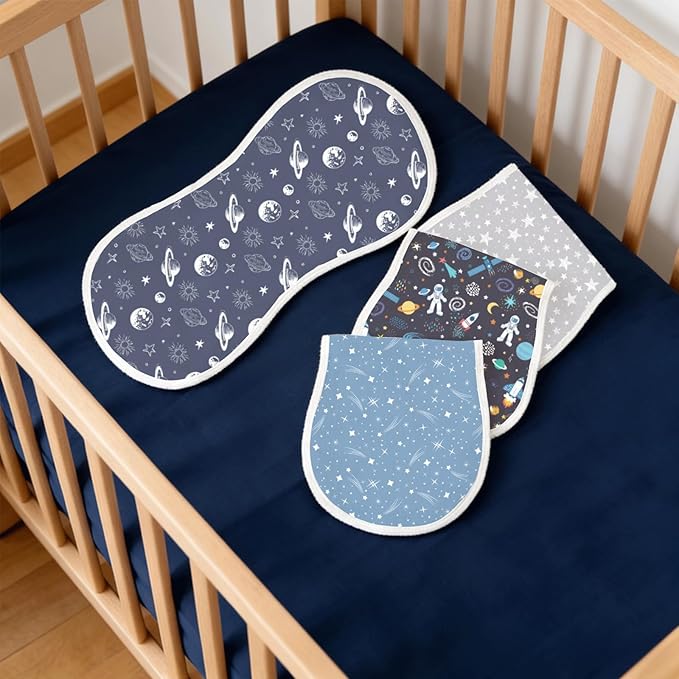 4 Pack Baby Burp Cloths for Boys Girls, Soft Cotton, Deep Blue Space Galaxy Theme Design, Super Absorbent Baby Burping Cloths for Newborns, Machine Washable and Reusable Baby Spit-Up Cloths