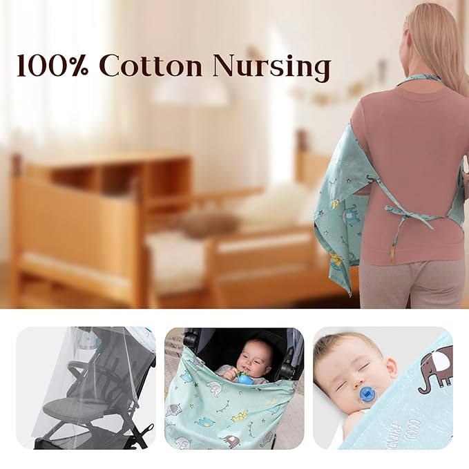 100% Cotton Nursing Cover with Support Ring & Mesh Layer, Breathable Nursing Cover Up for Breastfeeding, Adjustable Arch Neckline Breastfeeding Apron for Women