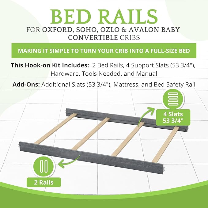 Full-Size Conversion Kit Bed Rails for Oxford, Soho, Ozlo & Avalon Baby Convertible Cribs - Solid Wood - Toddler and Adult Rail for Full-Size Bed - Nursery & Baby Furniture (Arctic Gray, Hook-On Kit)
