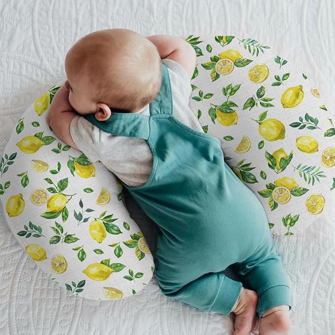Watercolor Lemons Baby Nursing Pillow Covers for Boy Girl Retro Yellow Lemon Green Leaves Nursery Slipcovers for Breastfeeding Pillows Tropical Summer Fruits Soft Stretchy Covers for Newborn Infant