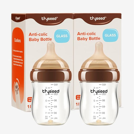 Thyseed Anti-Colic Glass Baby Bottle for Breastfed Infants, Paced Feeding, Breast-Like Newborn Medium Flow Nipple (2m+), 5 oz, 2 Pack