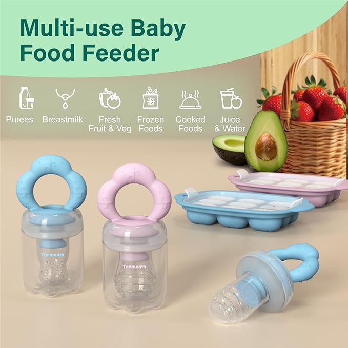 Baby Fruit Food Feeder Breastmilk Popsicle Molds with Freezer Tray, Tenmonth Silicone Baby Feeder for Safe Infant Self Feeding 2 Pack, BPA Free