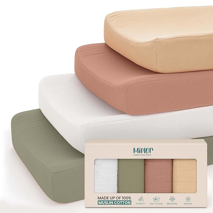 Mi Flor 4 Pack Muslin Changing Pad Cover 16x32x5 inches – Ultra Soft CPC Certified Baby Changing Table Cover with Elastic Corners, 360° Fit, Lightweight, Breathable, Fits Most Changing Pads