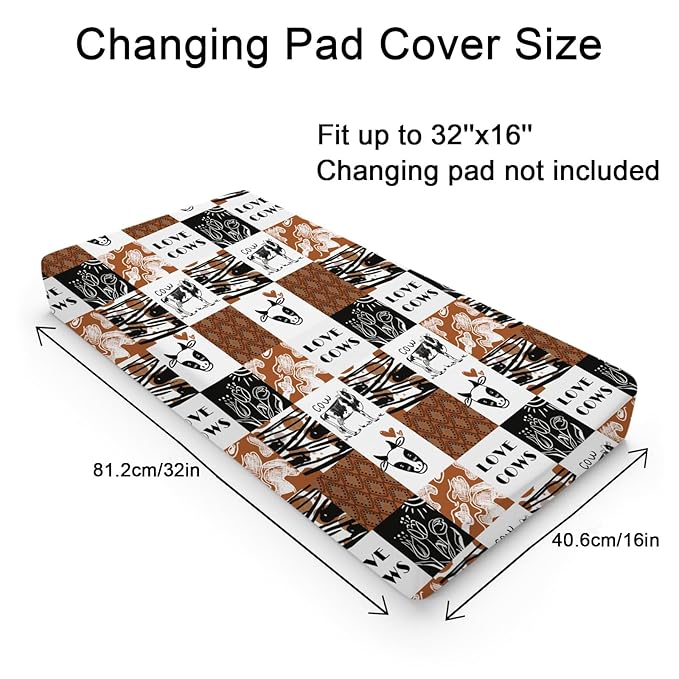 Love Cows Changing Pad Cover Hippie Funny Cows Boho Floral Change Table Pad Cover for Boys Girls Soft Breathable Stretchy Snug Fitted Unisex Diaper Change Table Sheets Mats 32''x16'' Brown