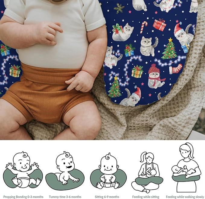 Blue Christmas Holiday Cats Baby Nursing Pillow Covers for Boy Girl Winter Kitten Trees Lights Candy Nursing Pillowcase for Breastfeeding Pillows Cats Lover Gift Soft Stretchy Slipcovers for Newborn