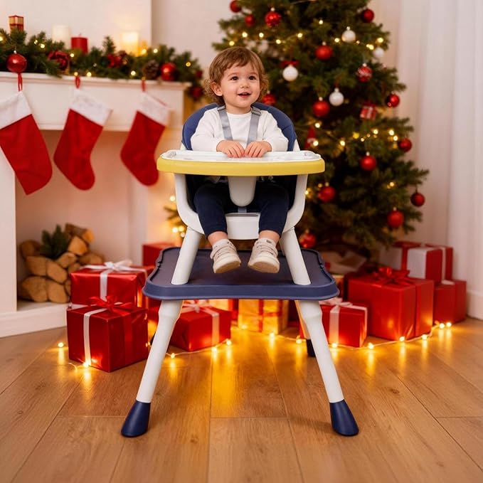 High Chairs for Babies and Toddlers, 5-in-1 Convertible Baby High Chair to Booster Seat with Removable Tray, Kids Learning and Building Block Activity Table with Safety Harness, Blue