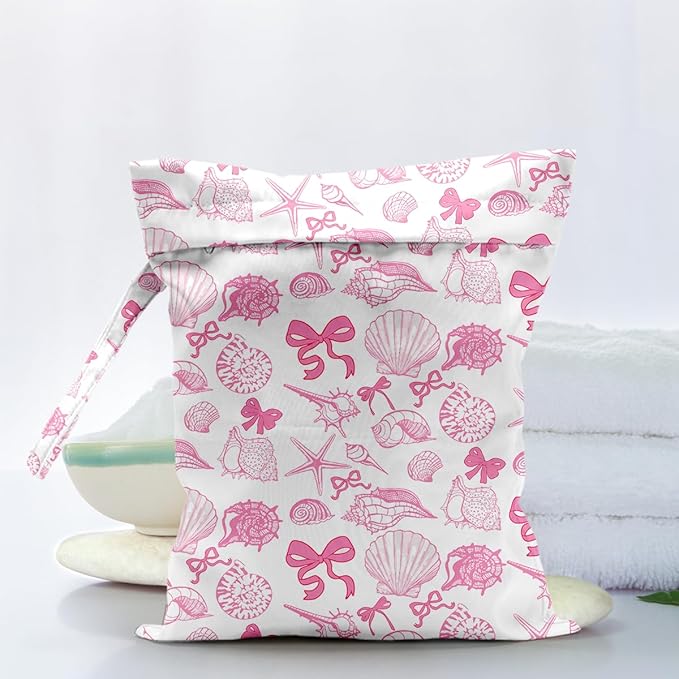 Waterproof Cloth Diaper Wet Dry Bag Reusable Travel Beach Pool Daycare Soiled Toddler Items Yoga Gym Bag for Swimsuits Wet Clothes Bags - Pink Coastal Pattern