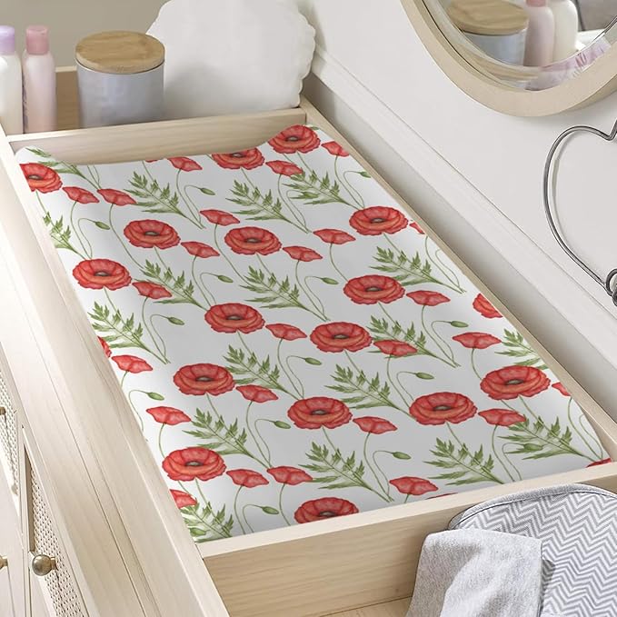 Boho Retro Poppy Flowers Leaves Baby Changing Pad Covers for Boy Girl 32''x16'' Red Poppy Floral Spring Blossom Fitted Diaper Change Table Sheet Wild Plants Soft Breathable Nursery Changing Table Mats