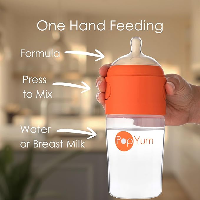 PopYum 9 oz Orange Anti-Colic Formula Making/Mixing/Dispenser Baby Bottles, 2-Pack with #2 Medium Flow Nipples, 260 ml, BPA-Free, Natural Latch
