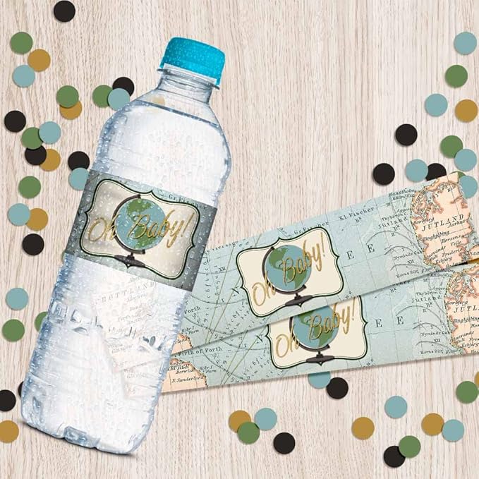 Adventure Awaits Gender Neutral Baby Shower Waterproof Water Bottle Sticker Wrappers 20 Wrap Around Labels Sized 1.75" x 8.5" by AmandaCreation