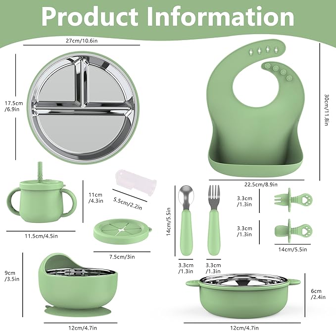 13 Pack Silicone Baby Feeding Set, BPA-Free Stainless Steel Toddler Feeding Supplies, Include Suction Plates, Baby Bowls, Silicone Fork & Spoon, and More, First Stage Baby Dish Set - 6+ Months