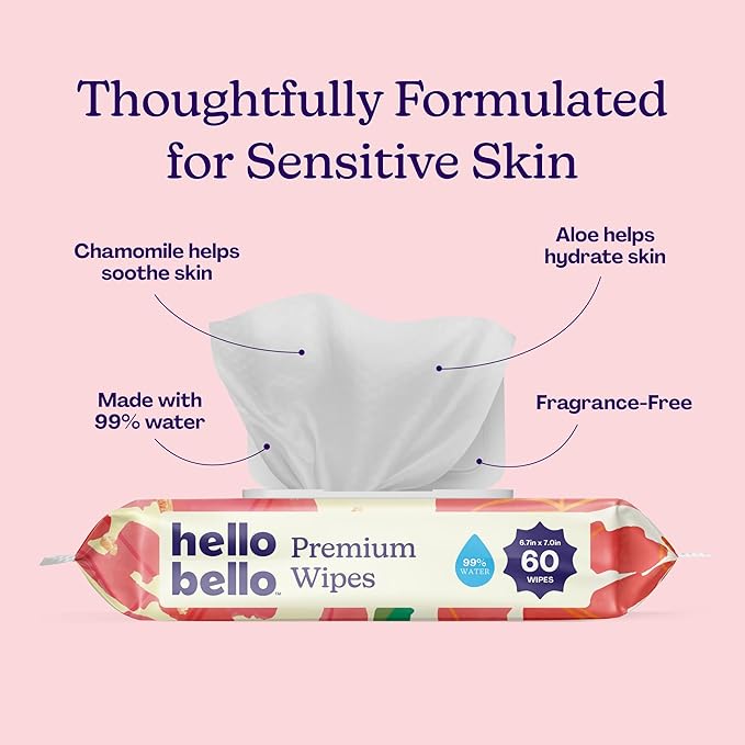 Hello Bello Premium Baby Wipes for Sensitive Skin, Hypoallergenic, Fragrance-Free, 99% Water with Chamomile & Aloe, Multi-Use, Rosy Posy, 9 Resealable Packets, 540 Wipes