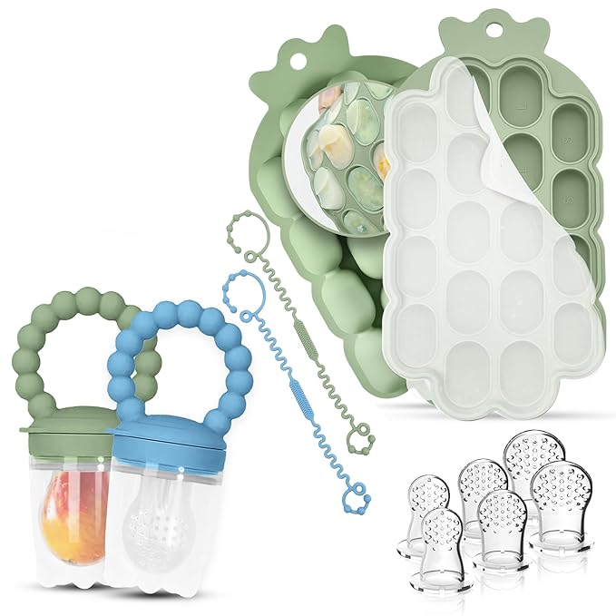 O’doe Baby Popsicle Molds | 2 Feeders, 6 Nipples, 2 Clip, 1Trays (18-Holes Silicone Baby Food Freezer Tray) | BPA-Free Teething Relief Baby Fruit Feeder Pacifier and Baby Food Feeder for Infants