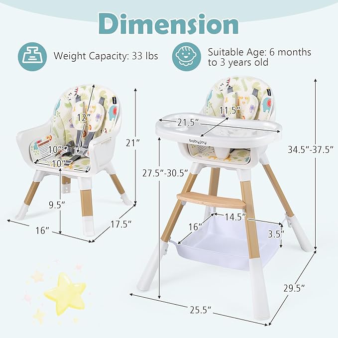 BABY JOY High Chair, 4-in-1 Convertible Highchair for Babies and Toddlers with Adjustable Legs, Double Removable Tray, Storage Basket, 5-Point Safety Harness & Waterproof PU Cushion, Easy to Clean