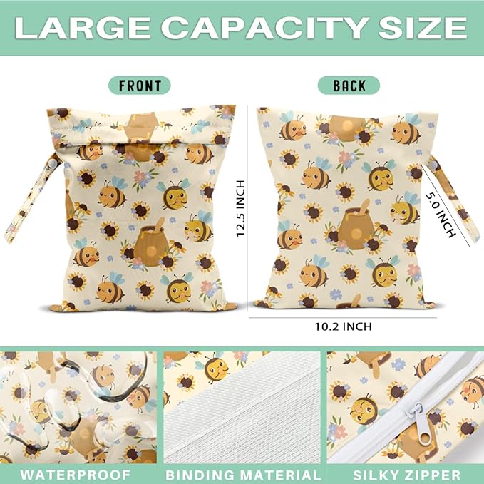 Bee Wet Dry Bags for Diaper Waterproof Swimsuit Washable Reusable Bag for Beach Diapers Dirty Yoga Gym Clothes Plant Gifts for Men Women Friend 12.5x10.2 Inches