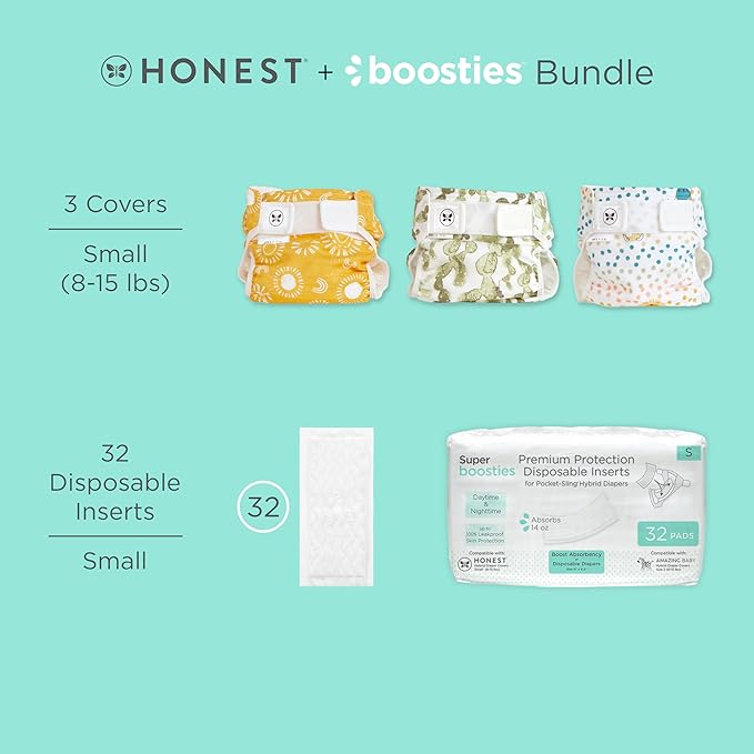 Super Boosties 32ct + Honest Hybrid Cloth Diaper Cover with Pocket-Sling, Small (8-15 lbs), Stops Nighttime Leaks, Boosties Disposable Diaper Inserts, Honest Cotton Muslin Covers, 3 Pack, Starter Kit