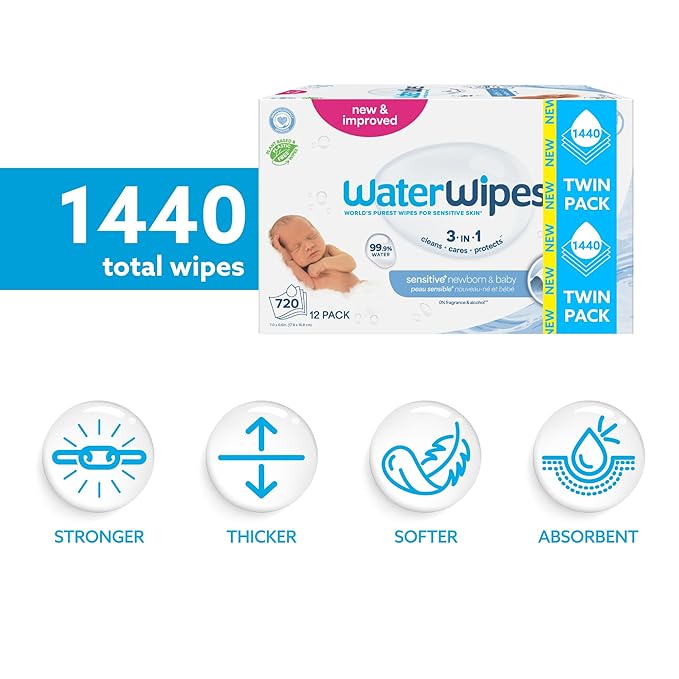 WaterWipes Sensitive+ Newborn & Baby Wipes, 3-In-1 Cleans, Cares, Protects, 99.9% Water, Unscented & Hypoallergenic, 60 Count (24 Packs)
