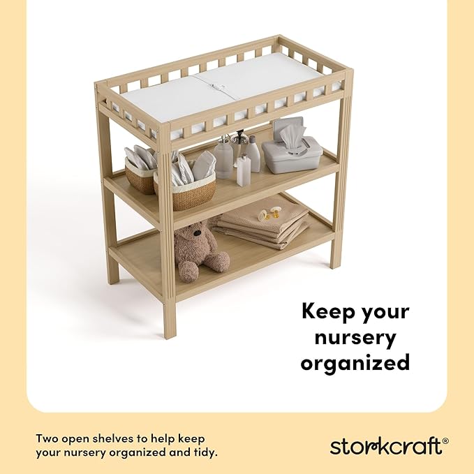 Storkcraft Morningside Changing Table (Driftwood) – GREENGUARD Gold Certified Baby Changing Table, Includes Waterproof Diaper Changing Pad, Easy 30-Minute Assembly, 2 Open Shelves for Storage