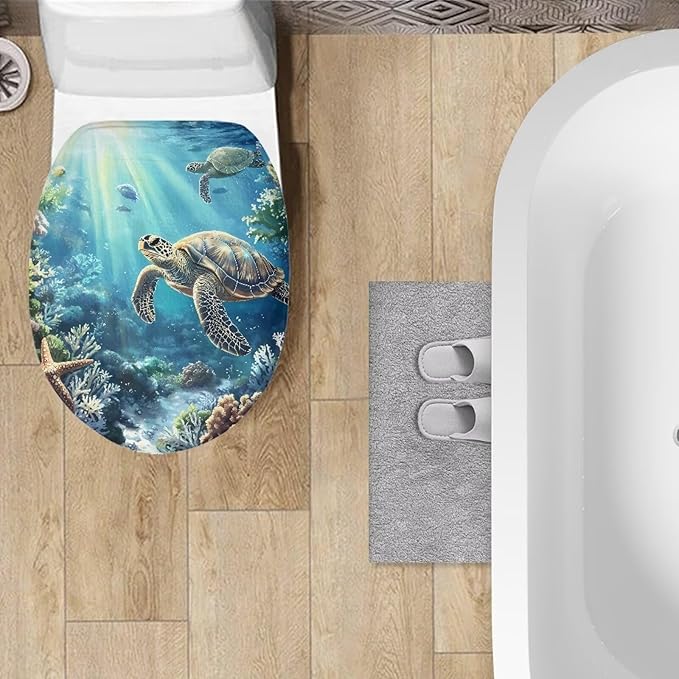 Ocean Turtle Toilet Lid Covers Protector Pad Soft Flannel Fabric Breathable Toilet Seat Covers for Bathroom Soft, Dustproof Seat Covers Keep Clean Tidy Fits Most Toilet Cover Seat